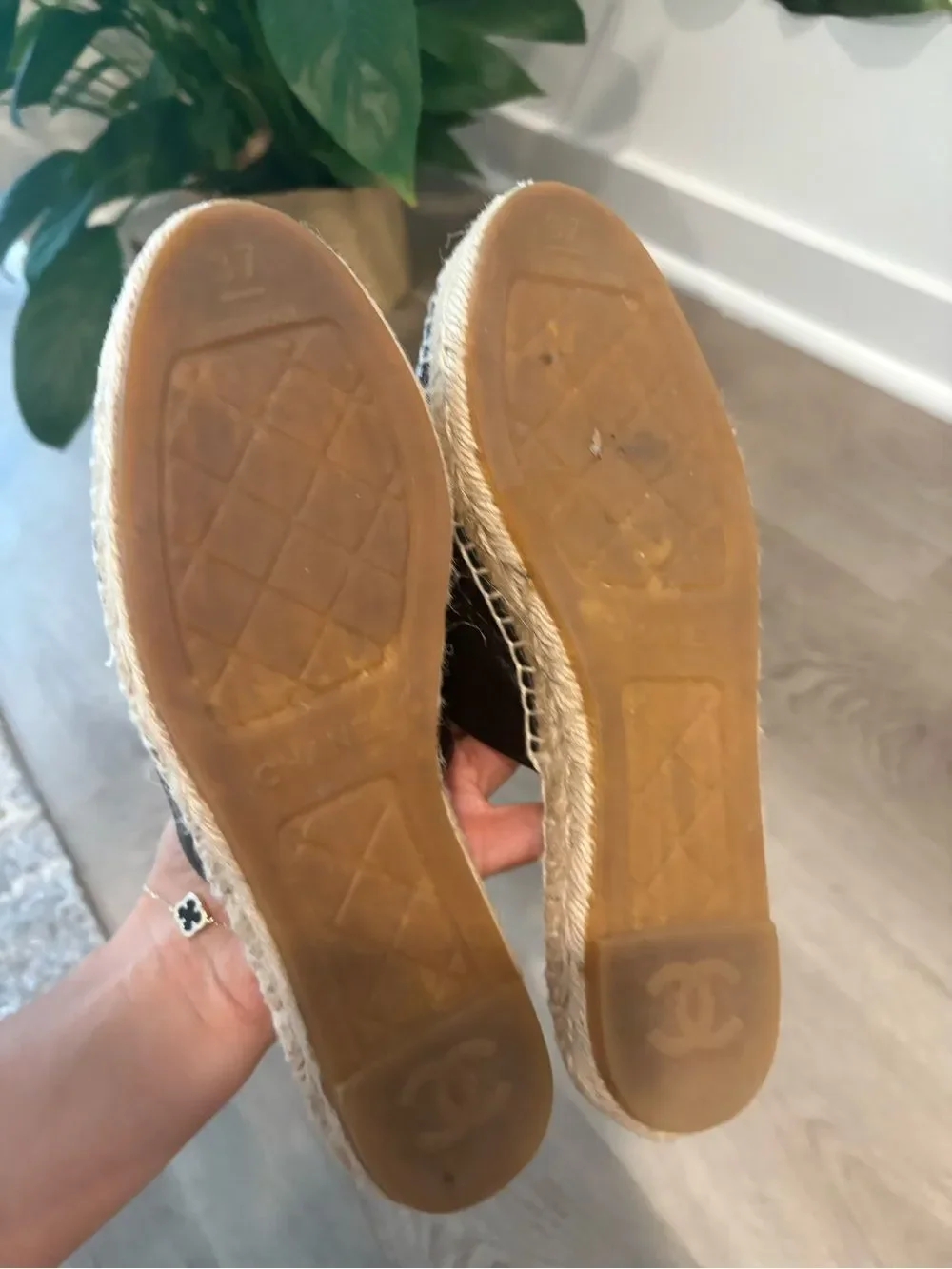 CHANEL Black Leather & Patent Espadrille Mule slide on